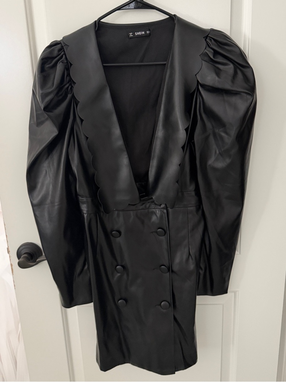 SHEIN Black Faux Leather Double-Breasted Puff-Sleeve Blazer Dress